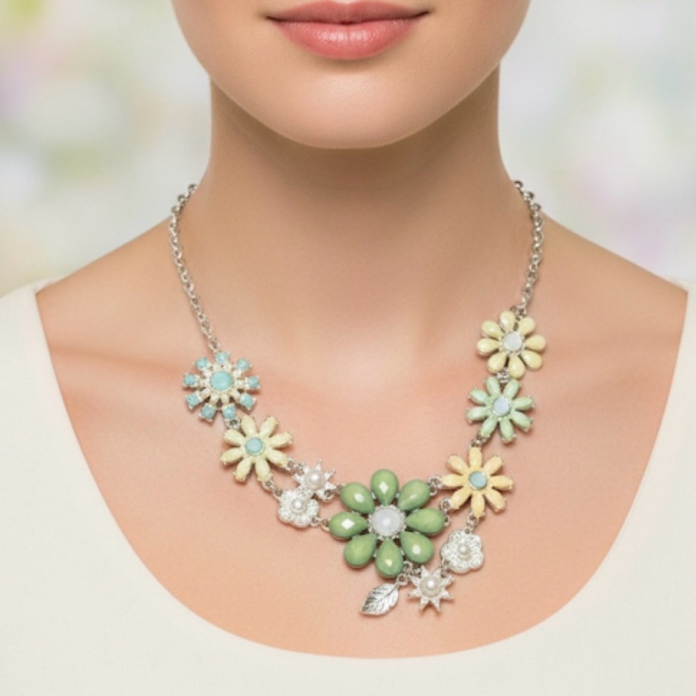 Women's Floral Necklace, Green Yellow on Silvertone Chain, 12”